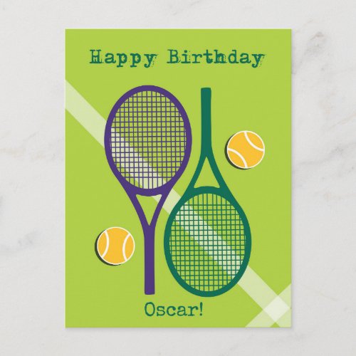 Fresh green and purple tennis racket Birthday Post Postcard