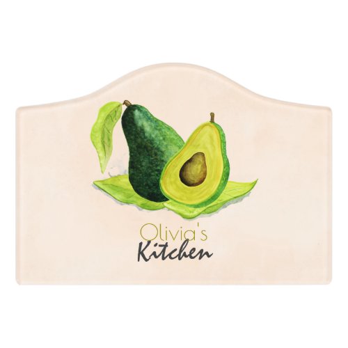 Fresh Green Avocado Fruit in Watercolor Kitchen Door Sign