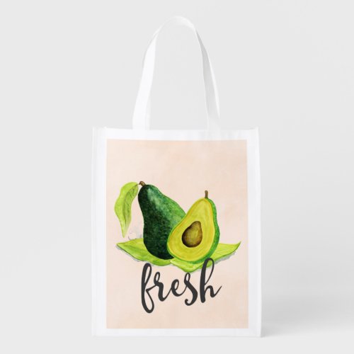 Fresh Green Avocado Still Life Fruit in Watercolor Reusable Grocery Bag