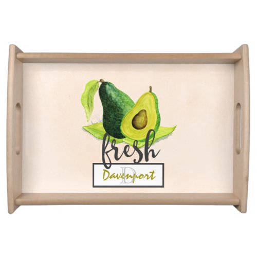 Fresh Green Avocado Still Life Fruit in Watercolor Serving Tray