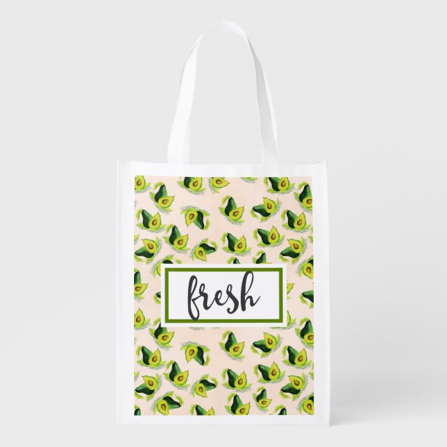 Fresh Green Avocados Watercolor Pattern Reusable Grocery Bag (Front)