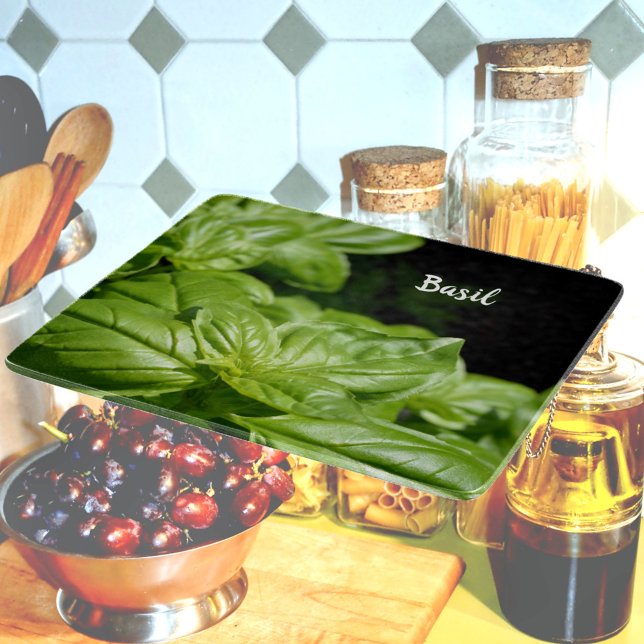 Fresh Green Basil on Black glass Cutting Board (Creator Uploaded)