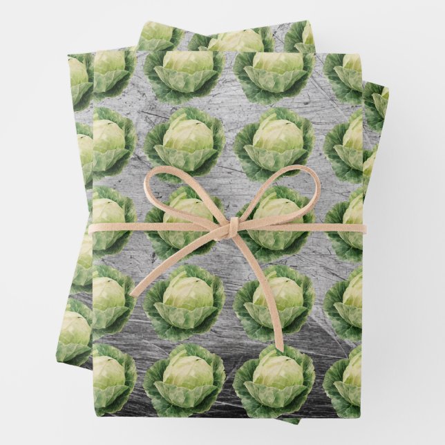 Fresh Green Cabbage Pattern on Rustic Metal Wrapping Paper Sheets (In situ)