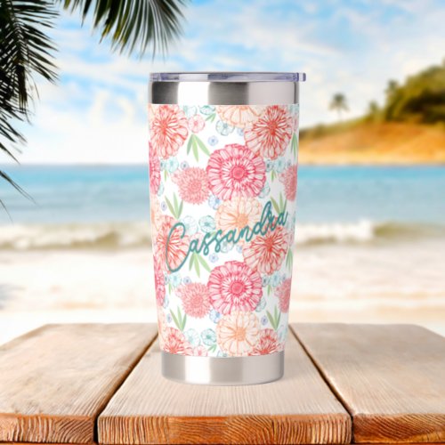 Fresh Green Coral Red Blue Orange Retro Floral Art Insulated Tumbler