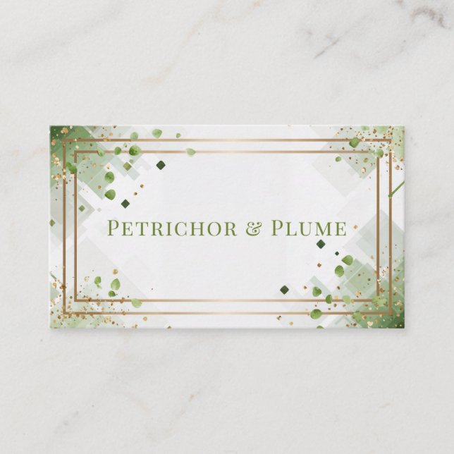 Fresh Green Geometric Gold Line Leaf Speckle Business Card (Front)