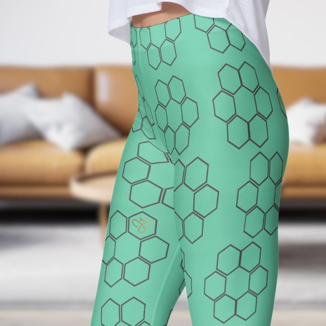 Fresh Green Honey Bee Hive Pattern Leggings (Honey Hive on Aquamarine )