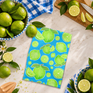 Fresh Green Limes on Blue Citrus Fruit Pattern Kitchen Towel