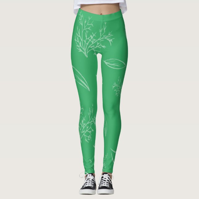 Fresh Green Natural Pencil Sketch Floral Leggings (Front)
