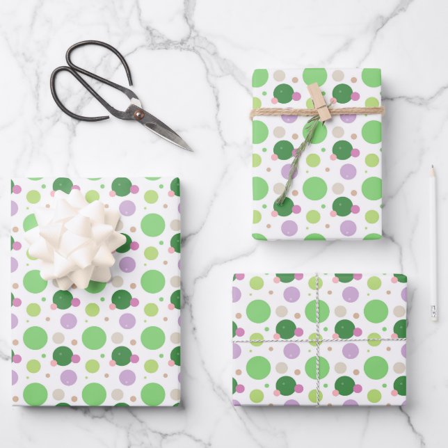 Fresh Green & Purple Polka Dot Pattern Wrapping Paper Sheets (Front)