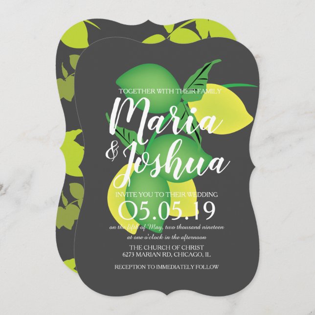 Fresh Green Yellow Lemon Silo Pattern Gray Wedding Invitation (Front/Back)