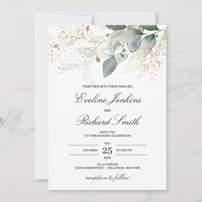 Fresh greenery eucalyptus gold splashes wedding invitation (Front)