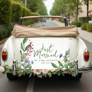 Fresh Greenery Just Married Car Banner