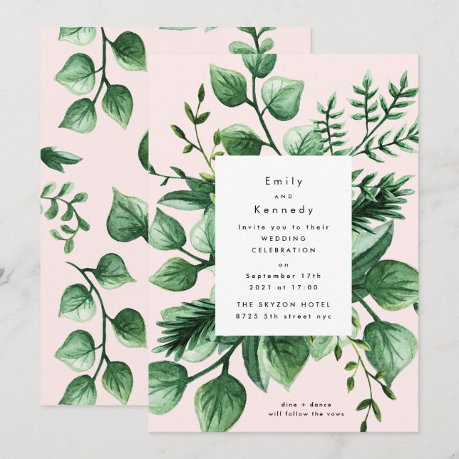 Fresh Greenery Leafy Modern White and Pink Wedding Invitation (Front/Back)