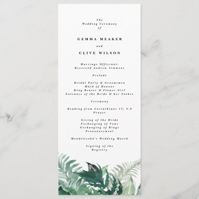 Fresh Greenery Modern Watercolor Wedding Program (Front)