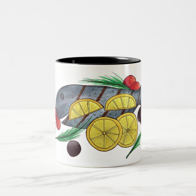 Fresh Grilled Fish Greek Mediterranean Seafood Two-Tone Coffee Mug (Center)