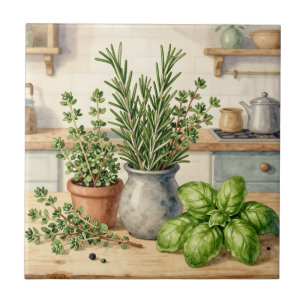 Fresh Kitchen Herbs Watercolor  Ceramic Tile