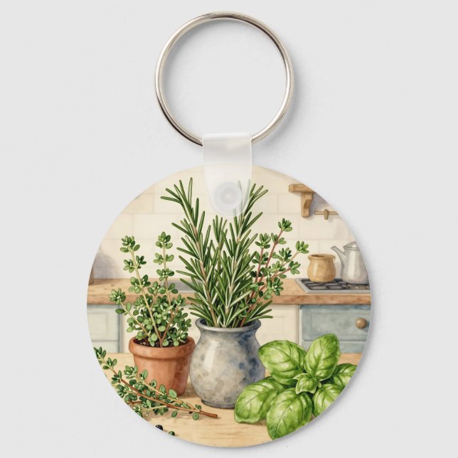 Fresh Kitchen Herbs Watercolor  Keychain (Front)