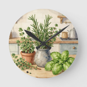 Fresh Kitchen Herbs Watercolor  Round Clock
