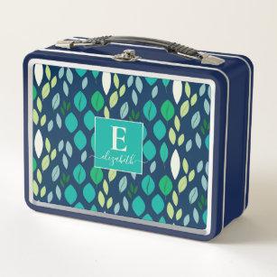 Fresh Leaf Pattern in Blue Teal and Green Metal Lunch Box