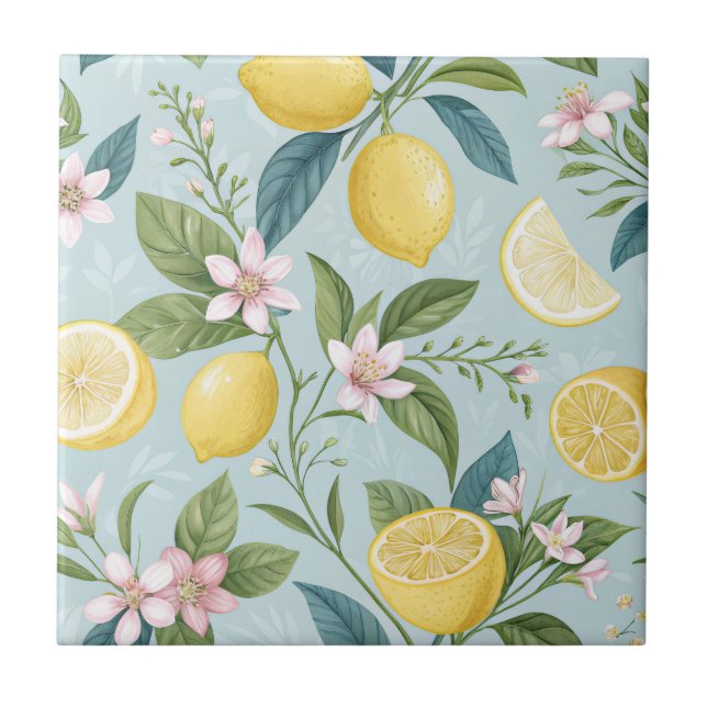 Fresh Lemon Floral Botanical Pattern  Ceramic Tile (Front)