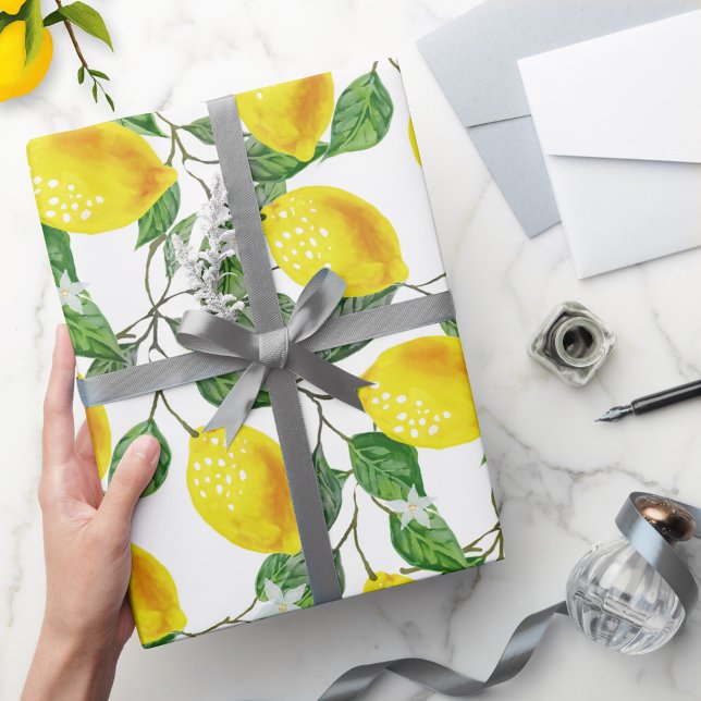 Fresh Lemon Fruit Floral  Wrapping Paper (Wrapping paper featuring a cheerful Mediterranean pattern with lemons and tiny flowers)