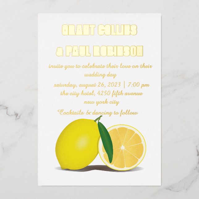 Fresh lemon, nature and gold foil invitation (Front)