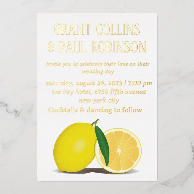 Fresh lemon, nature and gold foil invitation (Front)