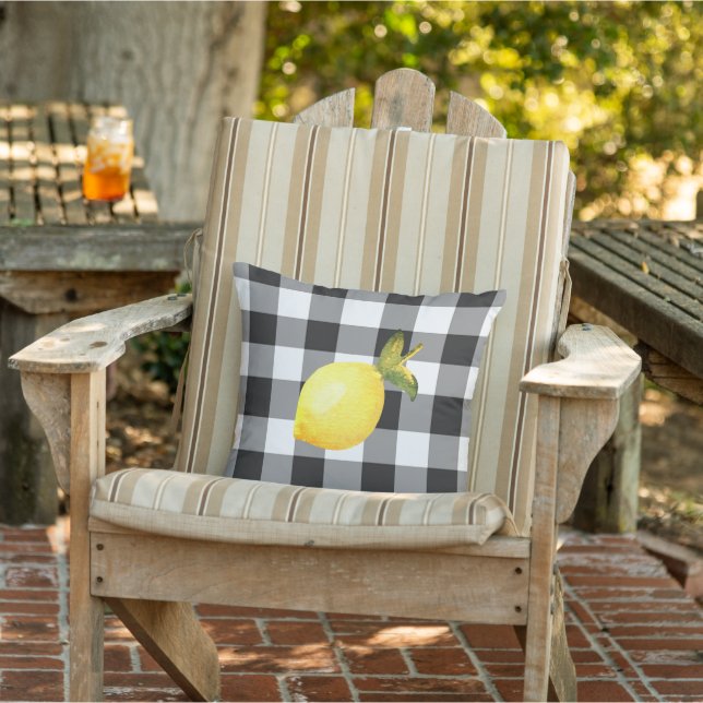Fresh lemon on buffalo plaid outdoor pillow (Chair)