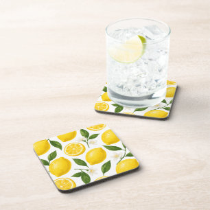 Fresh Lemon Pattern with Leaves & Blossoms Beverage Coaster