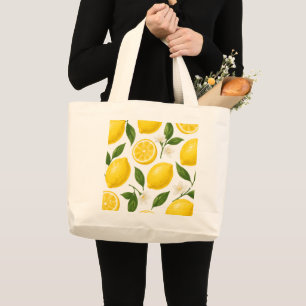 Fresh Lemon Pattern with Leaves & Blossoms  Large Tote Bag