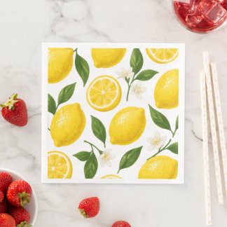 Fresh Lemon Pattern with Leaves & Blossoms Paper Dinner Napkins