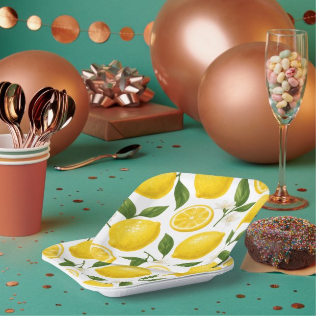 Fresh Lemon Pattern with Leaves & Blossoms  Paper Plates (Multi)