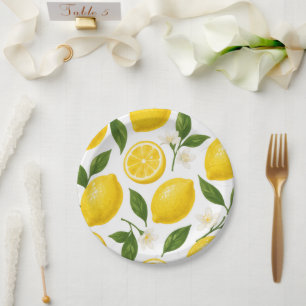 Fresh Lemon Pattern with Leaves & Blossoms Paper Plates