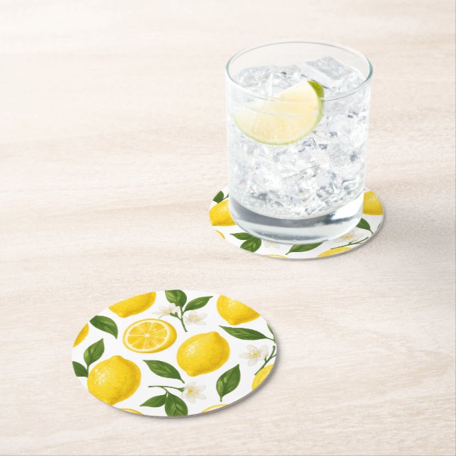 Fresh Lemon Pattern with Leaves & Blossoms  Round Paper Coaster (Insitu)
