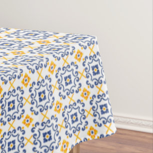 Fresh Lemon Yellow and Blue on White Mediterranean Tablecloth