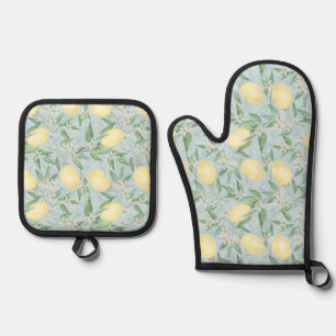Fresh lemon yellow citrus oven mitt & pot holder set