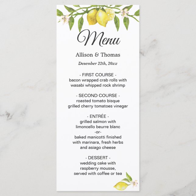 Fresh Lemons Blossom Greenery Wedding Menu Card (Front)