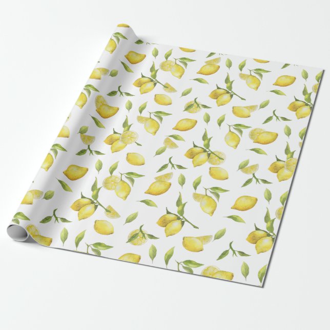 Fresh Lemons Greenery Blossom Watercolor Wrapping Paper (Unrolled)