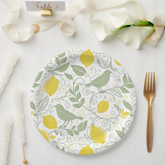 Fresh Lemons, Leaves and Birds ID1052 Paper Plates (Wedding)