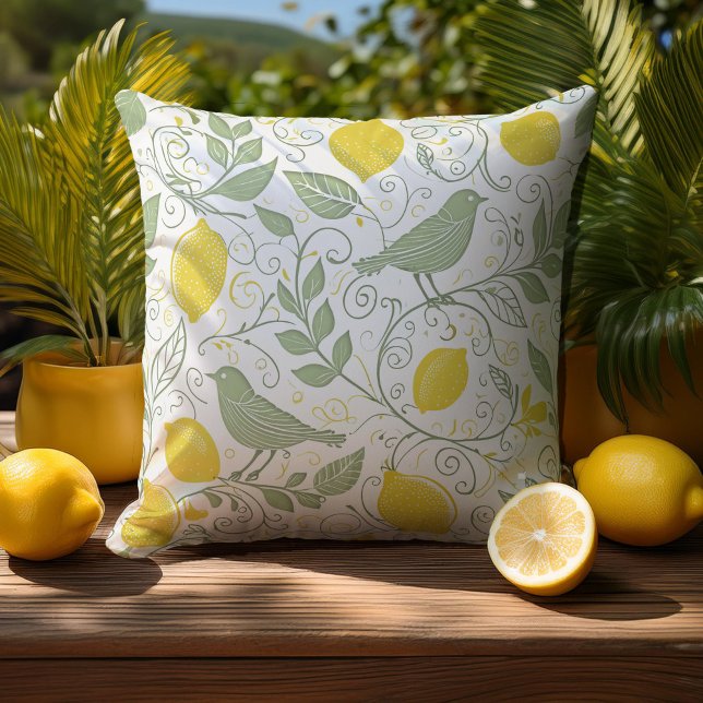 Fresh Lemons, Leaves and Birds ID1052 Throw Pillow (Creator Uploaded)