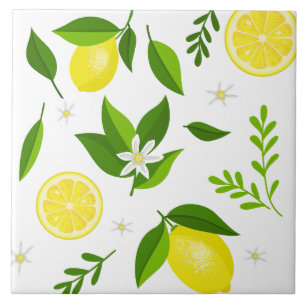 Fresh lemons with flowers and leaves ceramic tile