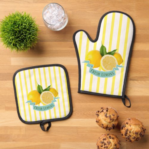 Fresh Lemons  Yellow Stripes Oven Mitt  Pot Holder Set