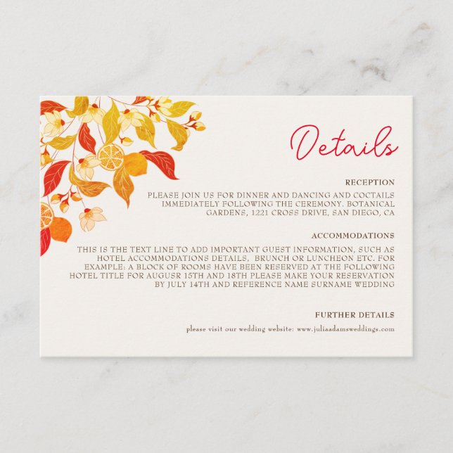 Fresh Lemony Love Citrus Foliage Wedding Enclosure Card (Front)