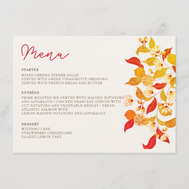 Fresh Lemony Love Citrus Foliage Wedding Menu (Front)