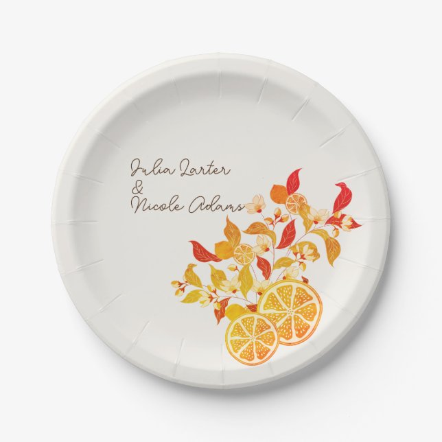Fresh Lemony Love Citrus Foliage Wedding Paper Plates (Front)