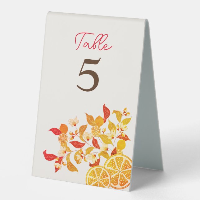 Fresh Lemony Love Citrus Foliage Wedding Table Tent (Front)