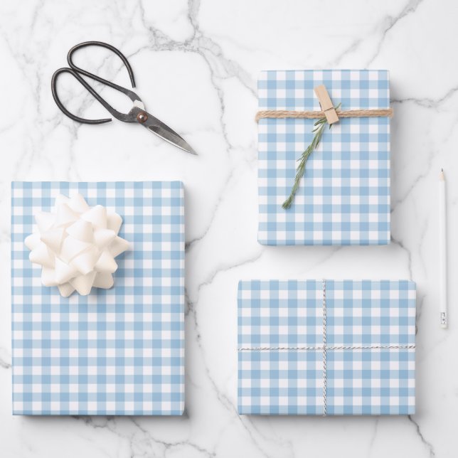Fresh Light Blue Gingham Check Pattern Wrapping Paper Sheets (Front)