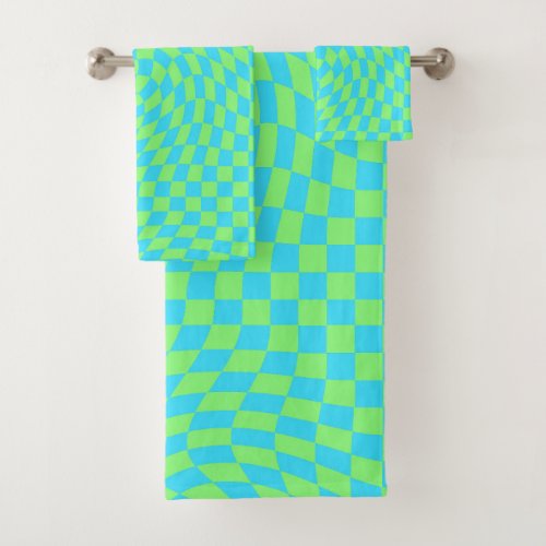 Fresh Light Blue  Green Warped Checkered Pattern  Bath Towel Set