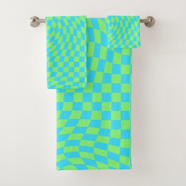 Fresh Light Blue & Green Warped Checkered Pattern  Bath Towel Set (Insitu)