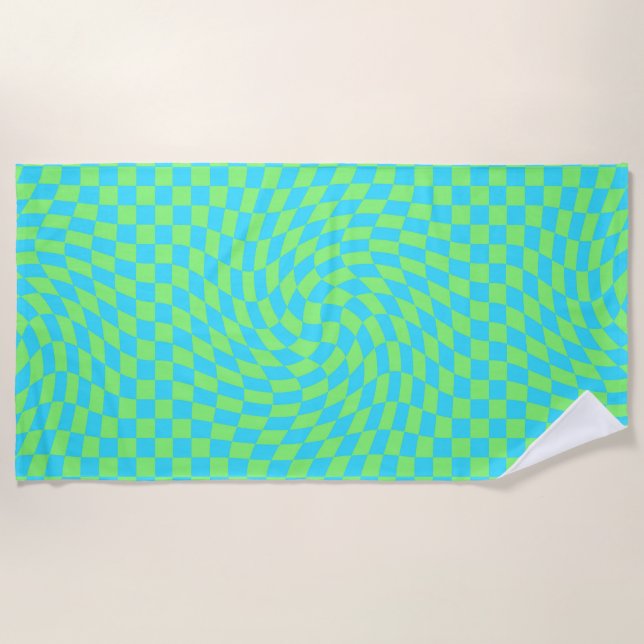 Fresh Light Blue & Green Warped Checkered Pattern  Beach Towel (Front)